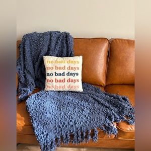 ✨2 Items! Retro “No Bad Days”‎ Throw Pillow & Fringe Throw Blanket in Blue✨